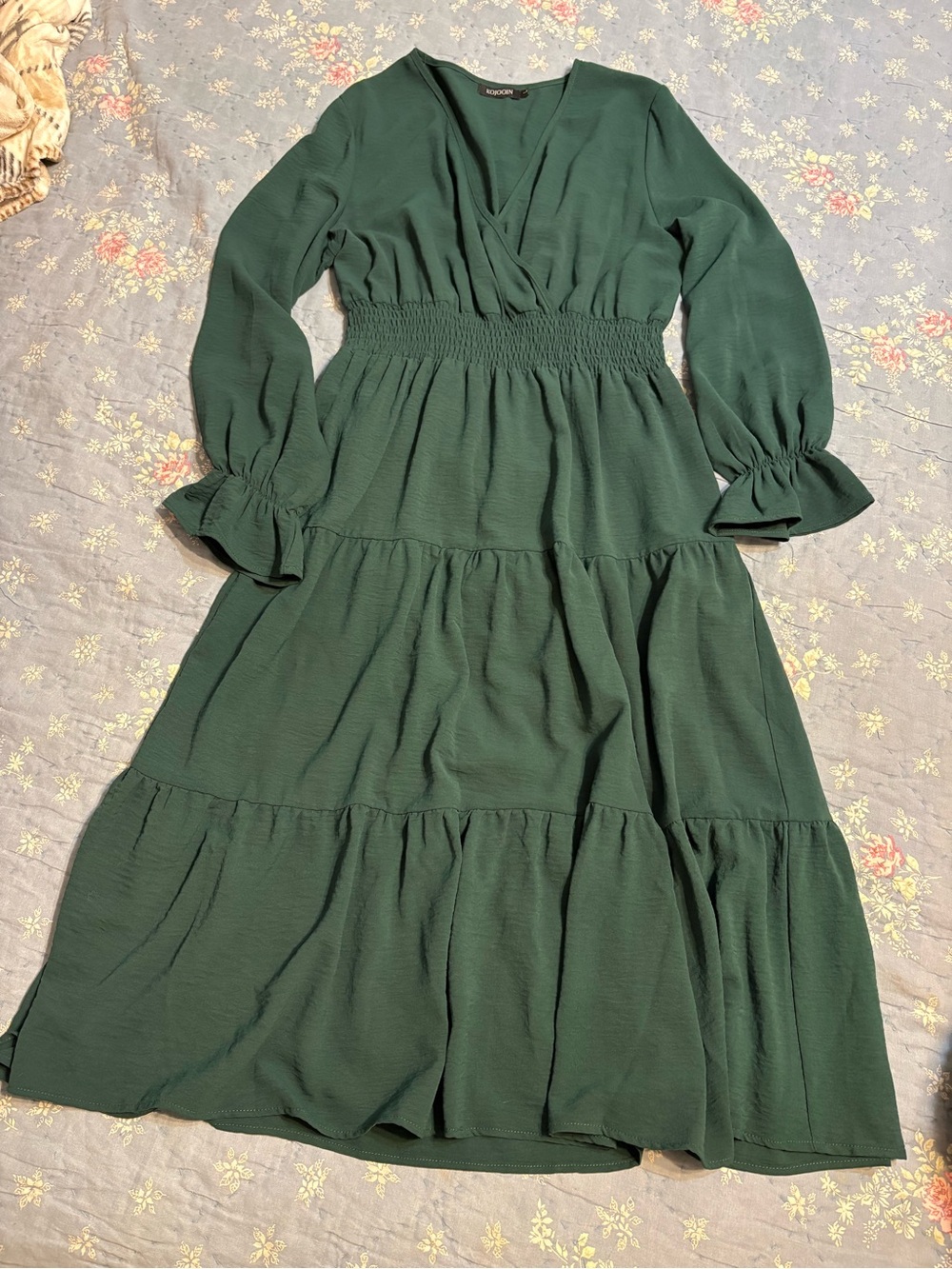 Deep Green Smocked-Waist Long Sleeve Tiered Dress